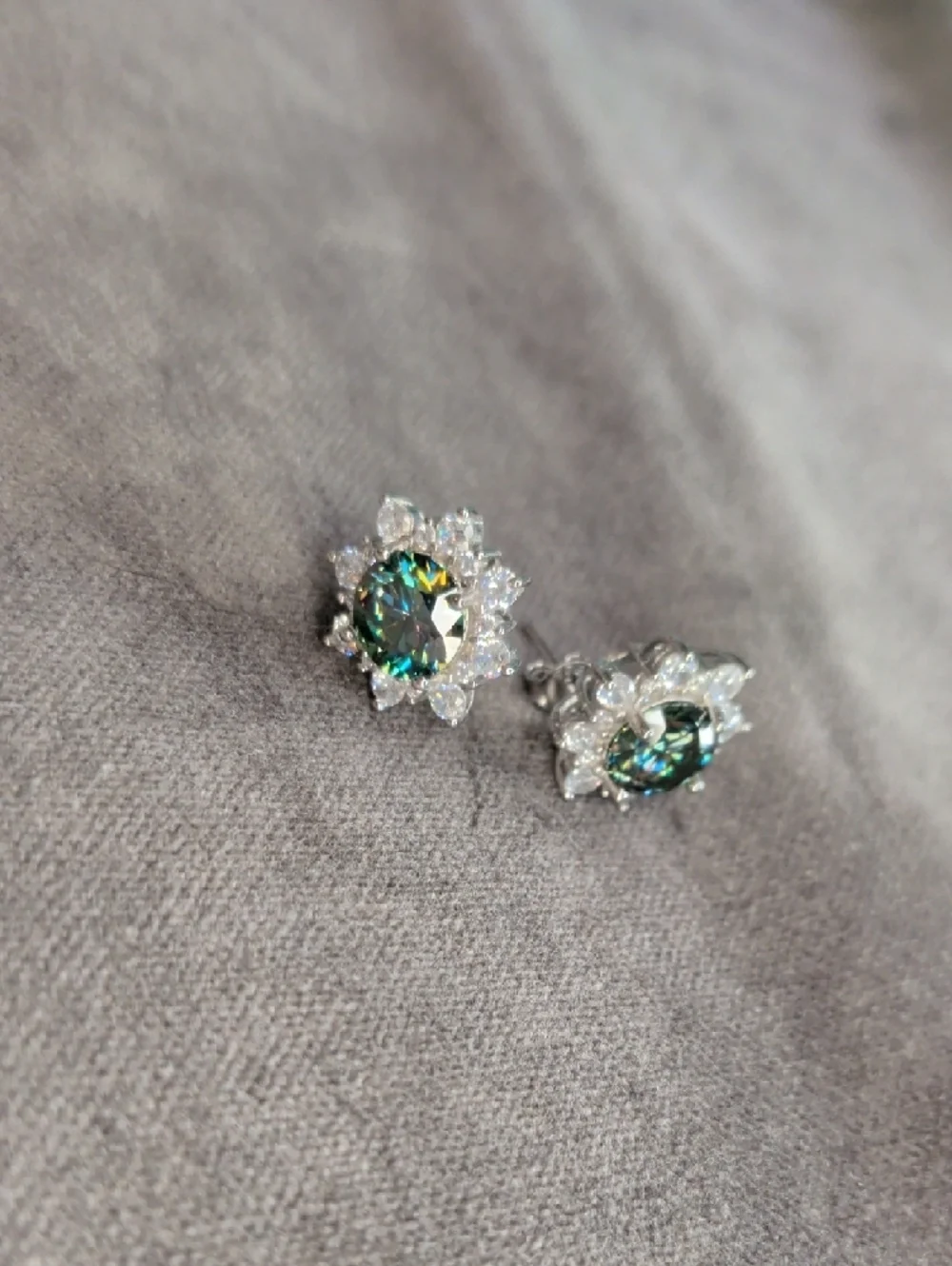 Mystic Green Halo Moissanite Flower Stud Earrings - WG Plated